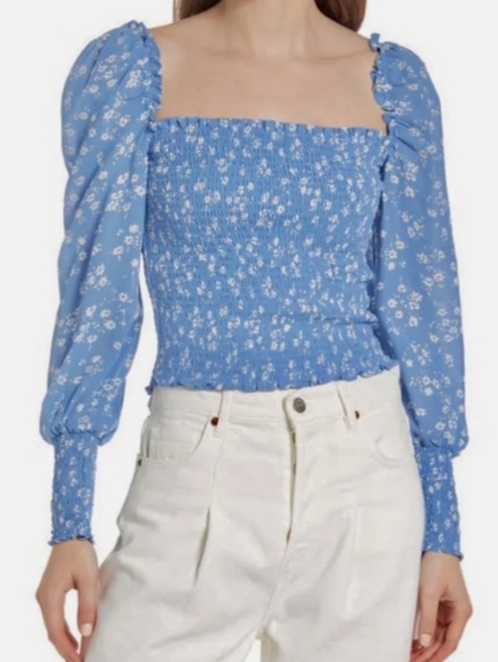 Reformation Pinto Floral Smocked Crepe Top Lassen Blue Shirt Size S Cottagecore